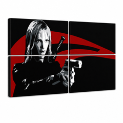 Ručne maľovaný POP Art obraz Kill Bill – 3D vizualizácia ručne maľovaného plátna na bielom pozadí. Dominantné farby: čierna, červená, biela.