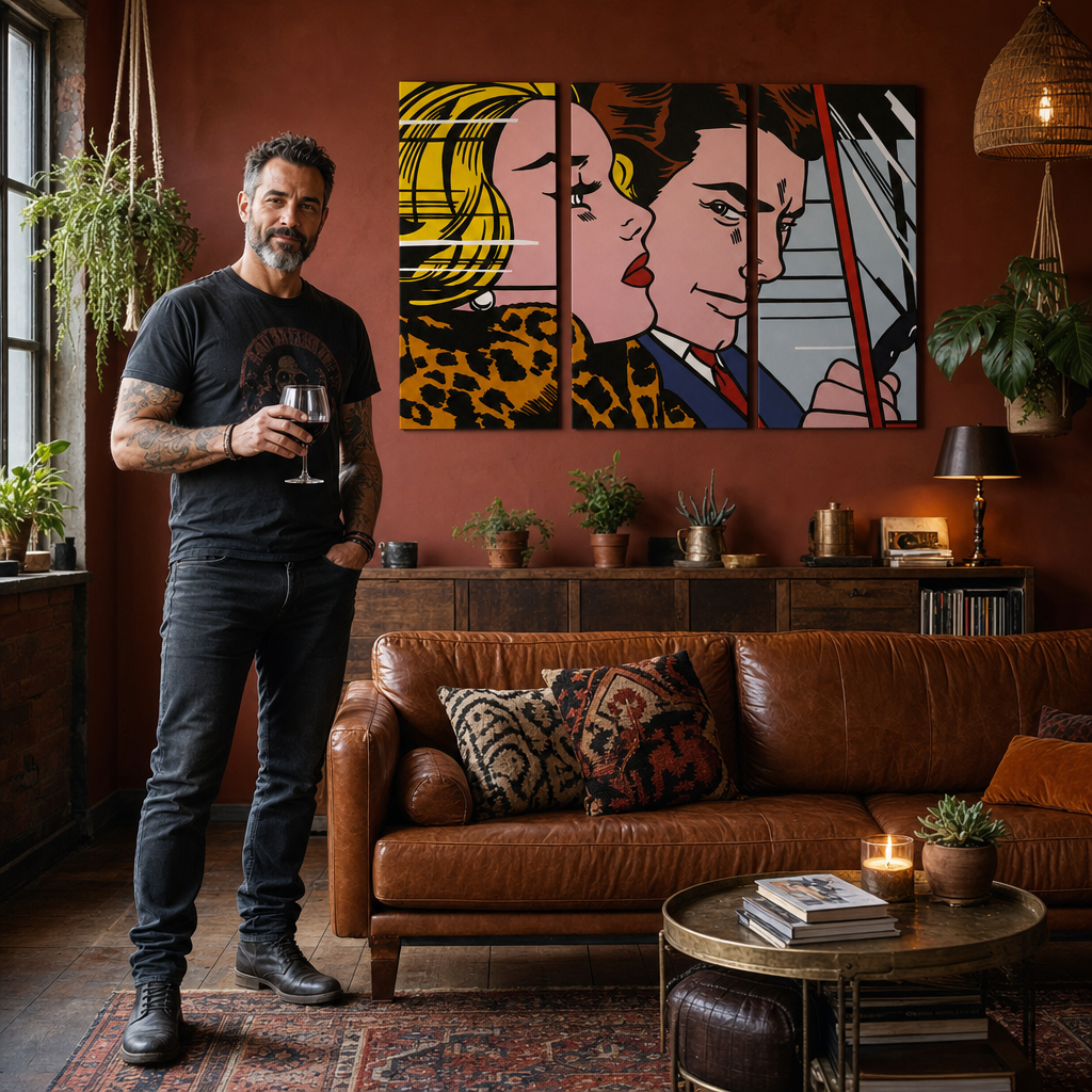 Ručne maľovaný POP Art obraz LICHTENSTEIN – obraz v modernom mužskom interiéri, lifestyle vizualizácia. Dominantné farby: žltá, čierna, ružová, modrá, hnedá.