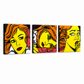 Ručne maľovaný POP Art obraz LICHTENSTEIN – 3D vizualizácia ručne maľovaného plátna na bielom pozadí. Dominantné farby: žltá, čierna, oranžová.