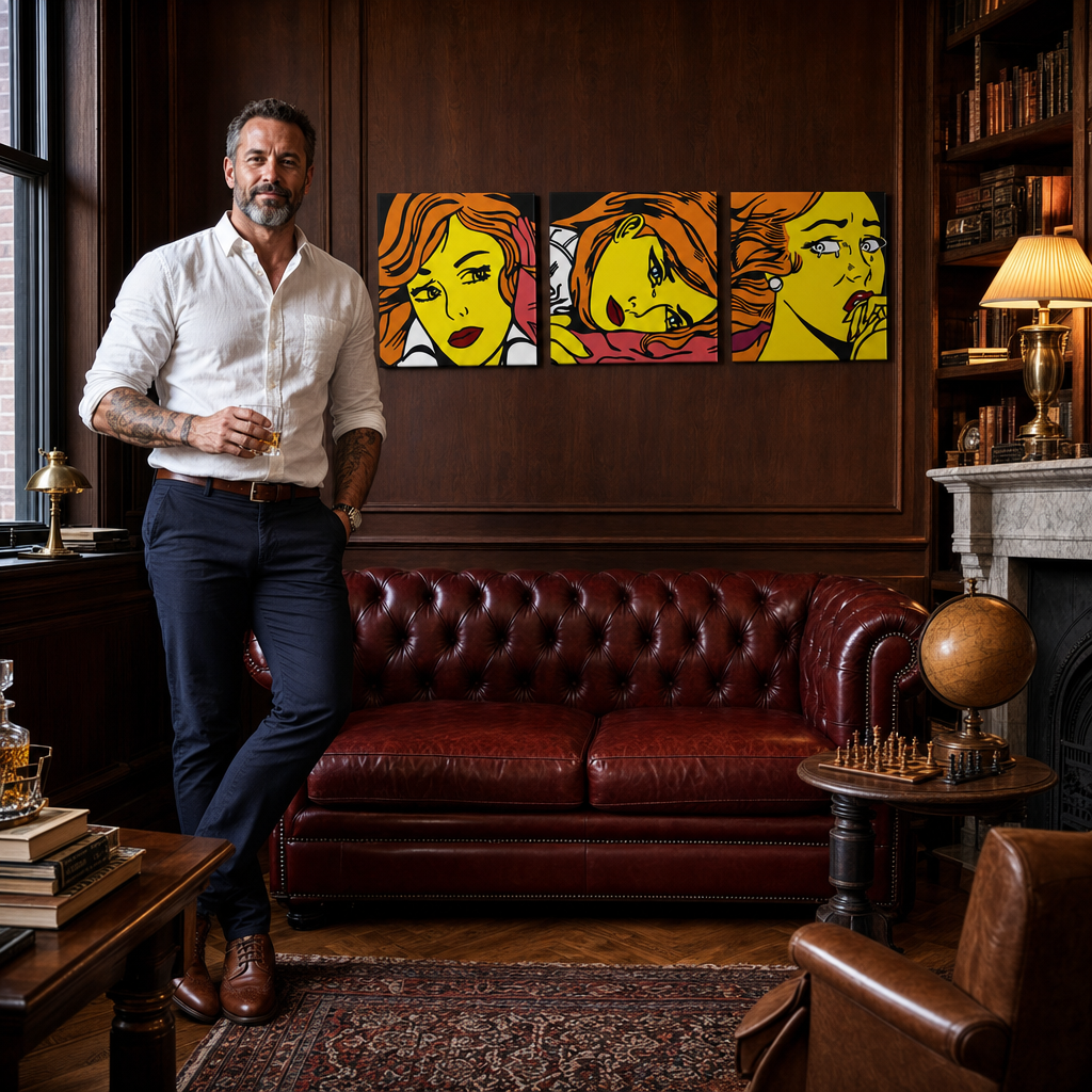 Ručne maľovaný POP Art obraz LICHTENSTEIN – obraz v modernom mužskom interiéri, lifestyle vizualizácia. Dominantné farby: žltá, čierna, oranžová.