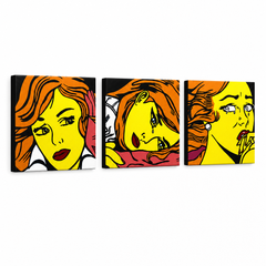 Ručne maľovaný POP Art obraz LICHTENSTEIN – 3D vizualizácia ručne maľovaného plátna na bielom pozadí. Dominantné farby: žltá, čierna, oranžová.