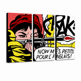 Ručne maľovaný POP Art obraz LICHTENSTEIN – 3D vizualizácia ručne maľovaného plátna na bielom pozadí. Dominantné farby: červená, žltá, čierna, biela, oranžová.