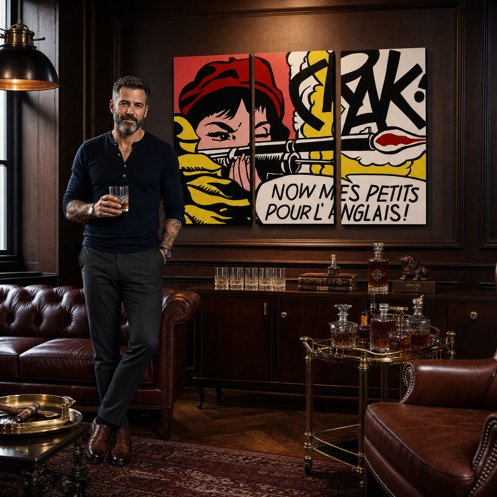Ručne maľovaný POP Art obraz LICHTENSTEIN – obraz v modernom mužskom interiéri, lifestyle vizualizácia. Dominantné farby: červená, žltá, čierna, biela, oranžová.