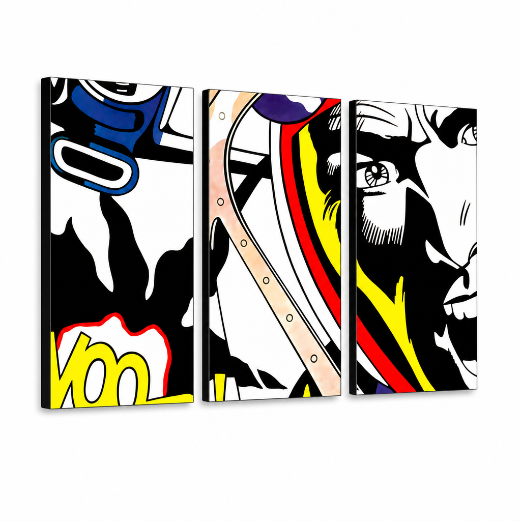Ručne maľovaný POP Art obraz LICHTENSTEIN – 3D vizualizácia ručne maľovaného plátna na bielom pozadí. Dominantné farby: čierna, žltá, červená, modrá, biela.