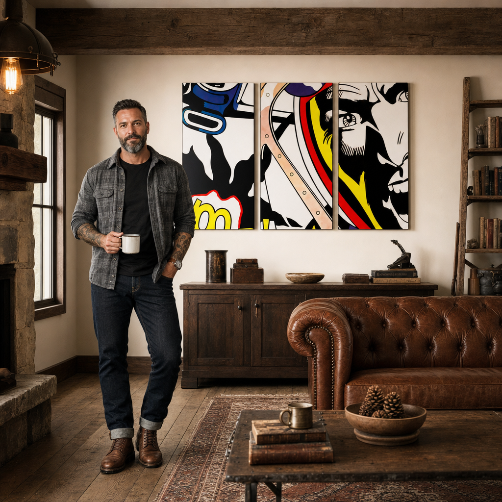 Ručne maľovaný POP Art obraz LICHTENSTEIN – obraz v modernom mužskom interiéri, lifestyle vizualizácia. Dominantné farby: čierna, žltá, červená, modrá, biela.