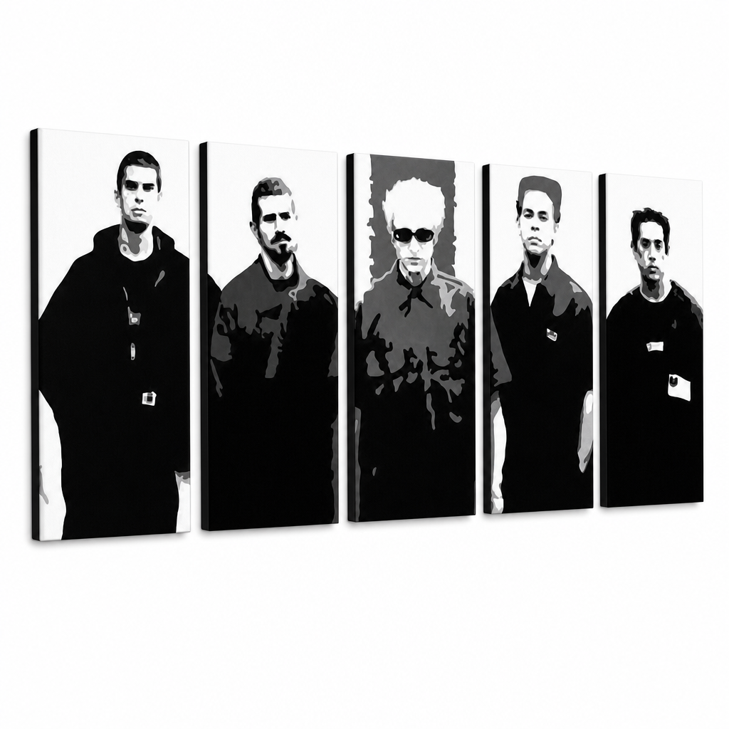 Ručne maľovaný POP Art obraz LINKIN PARK – 3D vizualizácia ručne maľovaného plátna na bielom pozadí. Dominantné farby: čierna, biela, sivá.