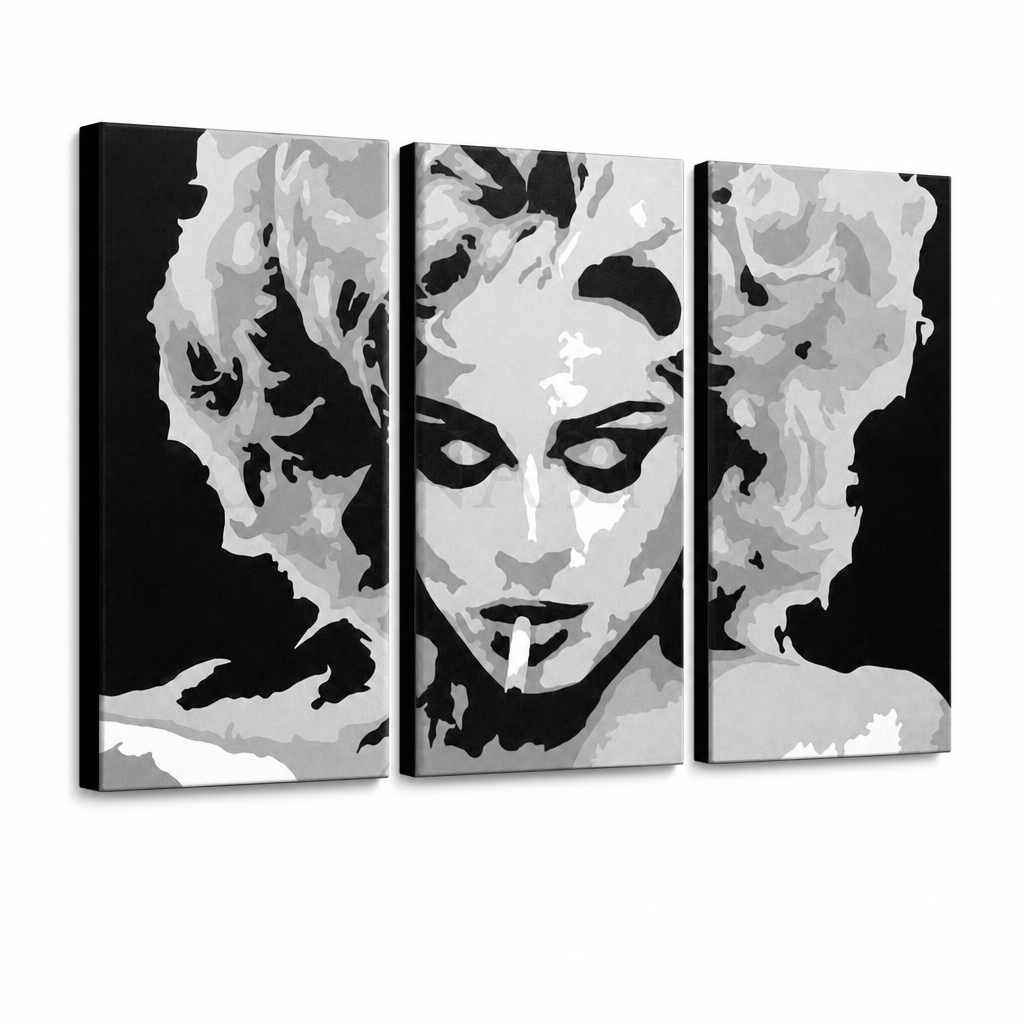 Ručne maľovaný POP Art obraz MADONNA – 3D vizualizácia ručne maľovaného plátna na bielom pozadí. Dominantné farby: čierna, sivá, biela.