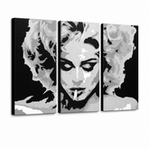 Ručne maľovaný POP Art obraz MADONNA – 3D vizualizácia ručne maľovaného plátna na bielom pozadí. Dominantné farby: čierna, sivá, biela.