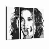 Ručne maľovaný POP Art obraz MADONNA – 3D vizualizácia ručne maľovaného plátna na bielom pozadí. Dominantné farby: čierna, biela, sivá.
