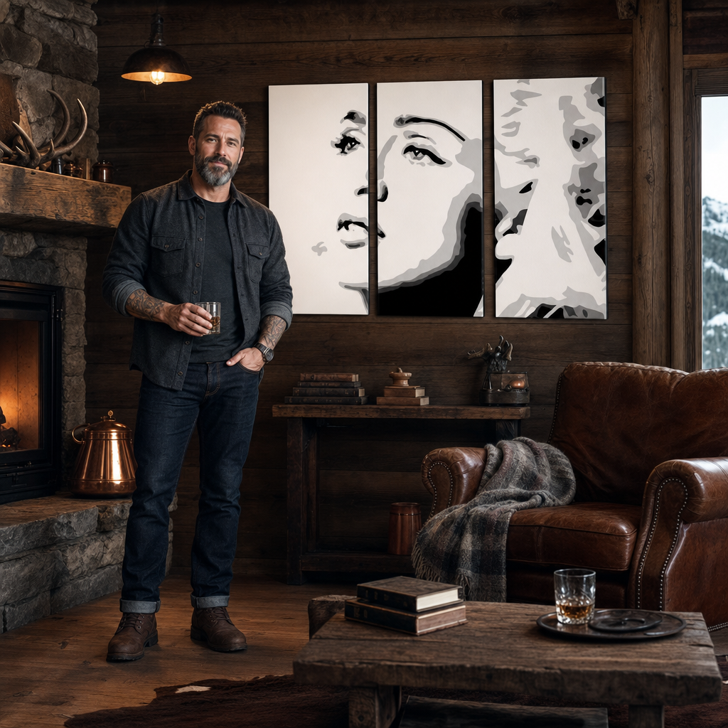 Ručne maľovaný POP Art obraz MADONNA – obraz v modernom mužskom interiéri, lifestyle vizualizácia. Dominantné farby: čierna, biela, sivá.