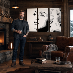 Ručne maľovaný POP Art obraz MADONNA – obraz v modernom mužskom interiéri, lifestyle vizualizácia. Dominantné farby: čierna, biela, sivá.