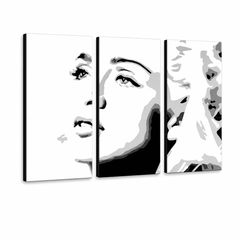 Ručne maľovaný POP Art obraz MADONNA – 3D vizualizácia ručne maľovaného plátna na bielom pozadí. Dominantné farby: čierna, biela, sivá.
