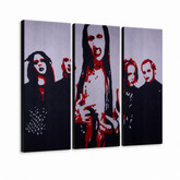 Ručne maľovaný POP Art obraz Marilyn Manson – 3D vizualizácia ručne maľovaného plátna na bielom pozadí. Dominantné farby: čierna, červená, biela.