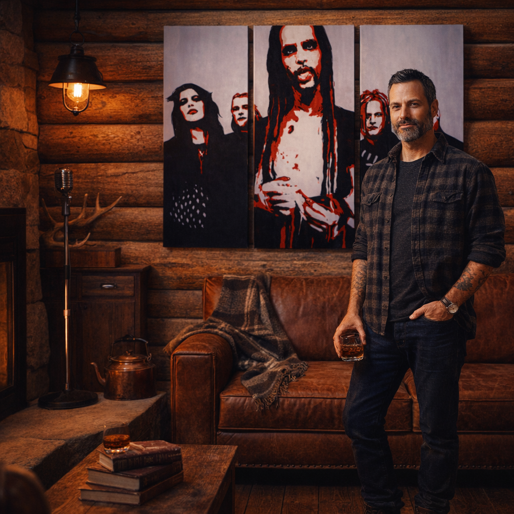 Ručne maľovaný POP Art obraz Marilyn Manson – obraz v modernom mužskom interiéri, lifestyle vizualizácia. Dominantné farby: čierna, červená, biela.