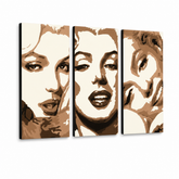 Ručne maľovaný POP Art obraz Marilyn Monroe – 3D vizualizácia ručne maľovaného plátna na bielom pozadí. Dominantné farby: béžová, hnedá, čierna.