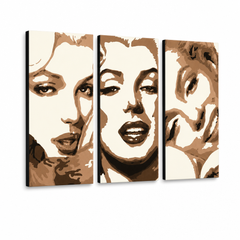 Ručne maľovaný POP Art obraz Marilyn Monroe – 3D vizualizácia ručne maľovaného plátna na bielom pozadí. Dominantné farby: béžová, hnedá, čierna.