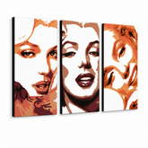 Ručne maľovaný POP Art obraz Marilyn Monroe – 3D vizualizácia ručne maľovaného plátna na bielom pozadí. Dominantné farby: oranžová, hnedá, biela.