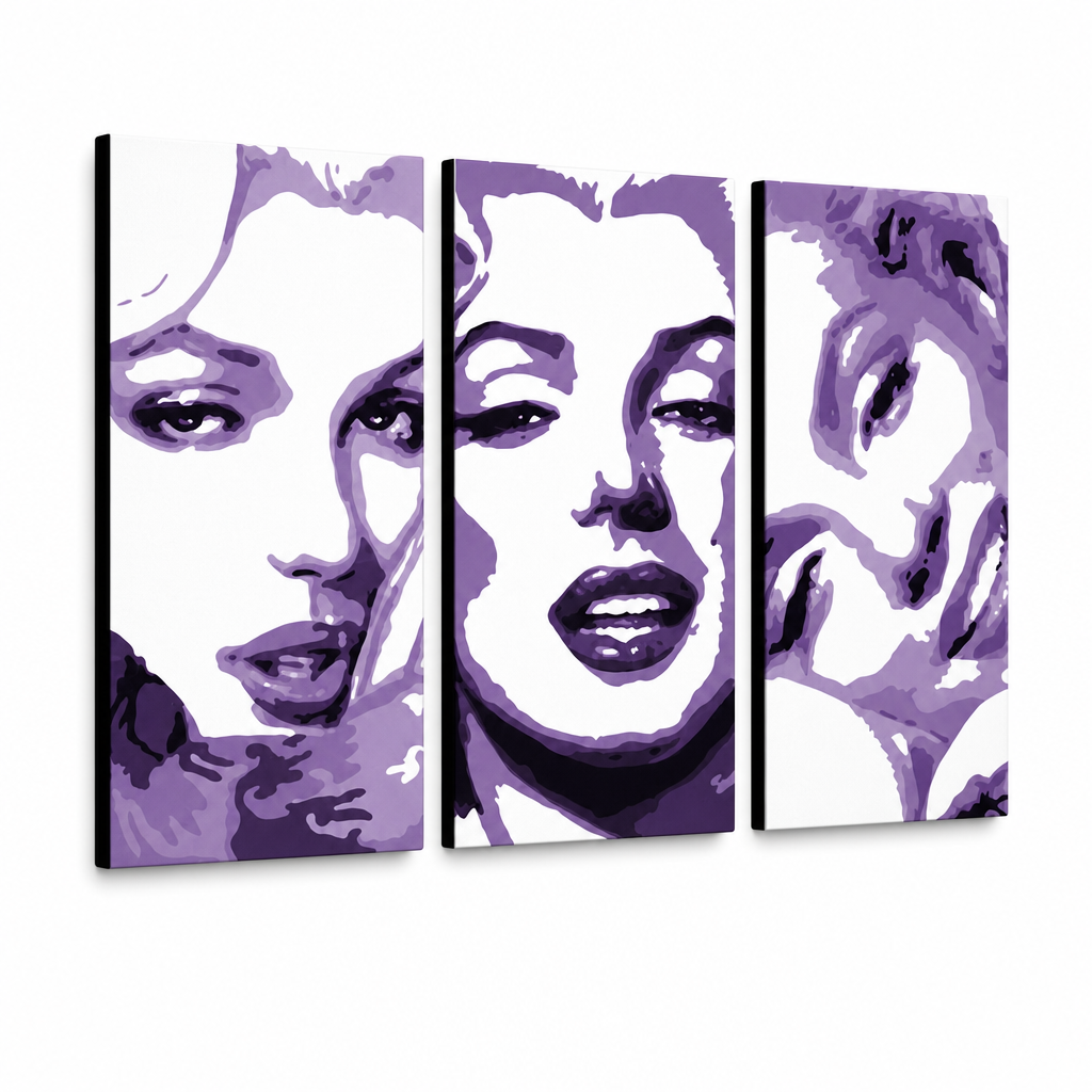 Ručne maľovaný POP Art obraz Marilyn Monroe – 3D vizualizácia ručne maľovaného plátna na bielom pozadí. Dominantné farby: fialová, biela, čierna.