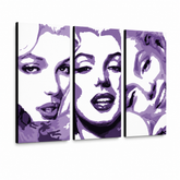 Ručne maľovaný POP Art obraz Marilyn Monroe – 3D vizualizácia ručne maľovaného plátna na bielom pozadí. Dominantné farby: fialová, biela, čierna.