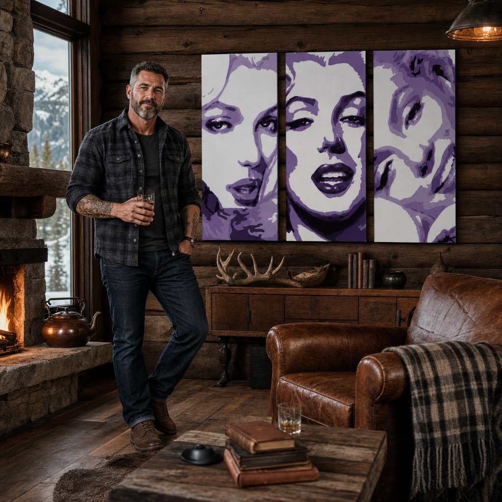 Ručne maľovaný POP Art obraz Marilyn Monroe – obraz v modernom mužskom interiéri, lifestyle vizualizácia. Dominantné farby: fialová, biela, čierna.