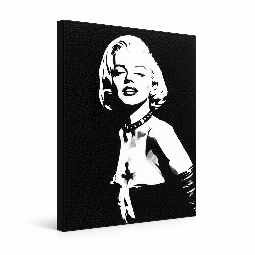 Ručne maľovaný POP Art obraz Marilyn Monroe – 3D vizualizácia ručne maľovaného plátna na bielom pozadí. Dominantné farby: čierna, biela, šedá.