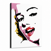 Ručne maľovaný POP Art obraz Marilyn Monroe – 3D vizualizácia ručne maľovaného plátna na bielom pozadí. Dominantné farby: ružová, červená, čierna, žltá, sivá.