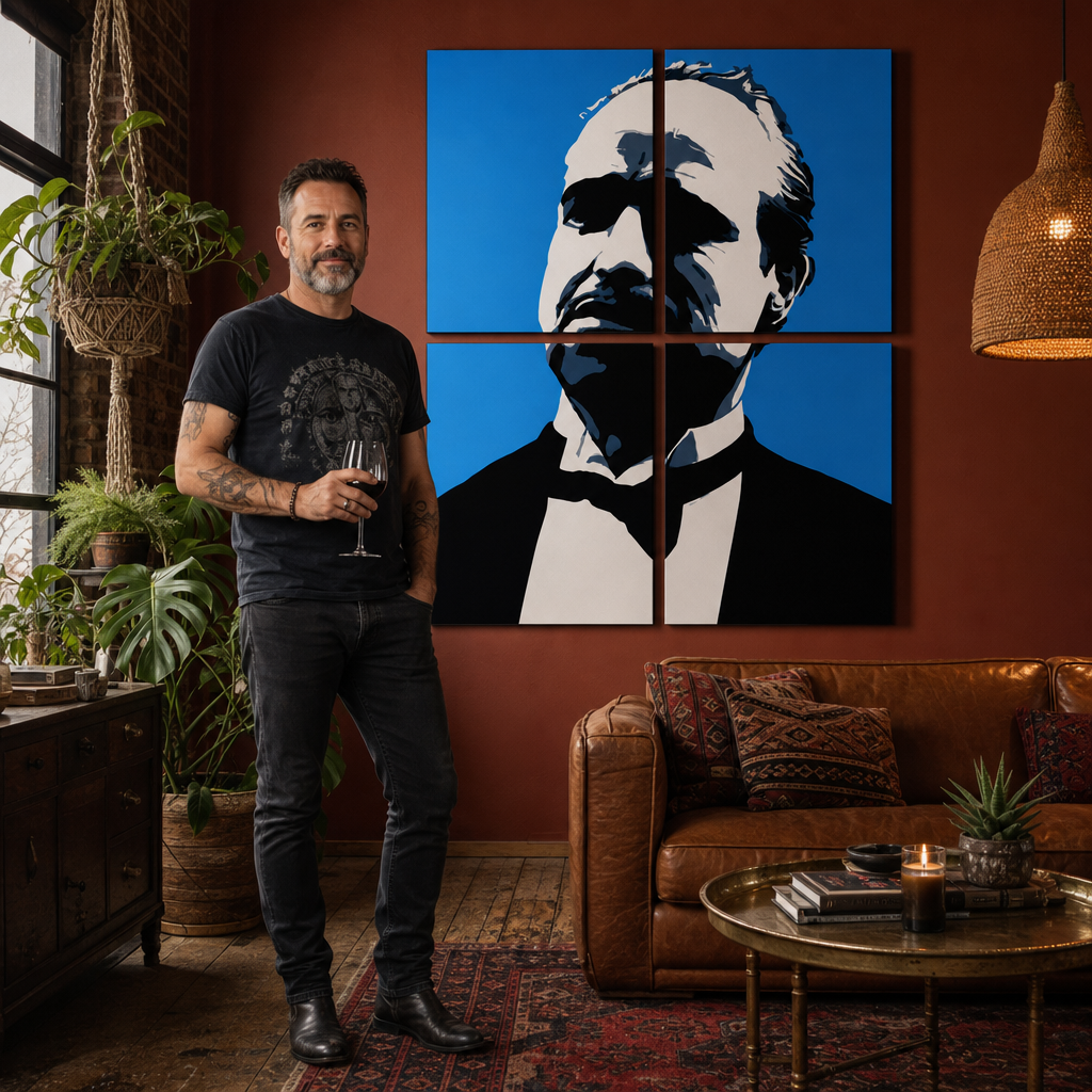 Ručne maľovaný POP Art obraz Marlon Brando – obraz v modernom mužskom interiéri, lifestyle vizualizácia. Dominantné farby: modrá, čierna, biela.