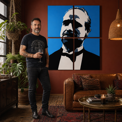 Ručne maľovaný POP Art obraz Marlon Brando – obraz v modernom mužskom interiéri, lifestyle vizualizácia. Dominantné farby: modrá, čierna, biela.