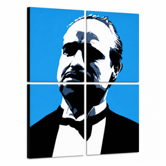 Ručne maľovaný POP Art obraz Marlon Brando – 3D vizualizácia ručne maľovaného plátna na bielom pozadí. Dominantné farby: modrá, čierna, biela.