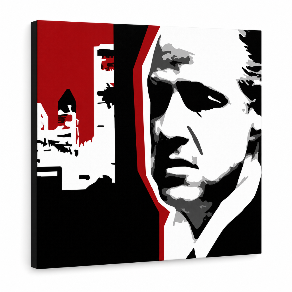Ručne maľovaný POP Art obraz Marlon Brando – 3D vizualizácia ručne maľovaného plátna na bielom pozadí. Dominantné farby: čierna, biela, červená.