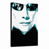 Ručne maľovaný POP Art obraz MATRIX – 3D vizualizácia ručne maľovaného plátna na bielom pozadí. Dominantné farby: čierna, modrá, biela.