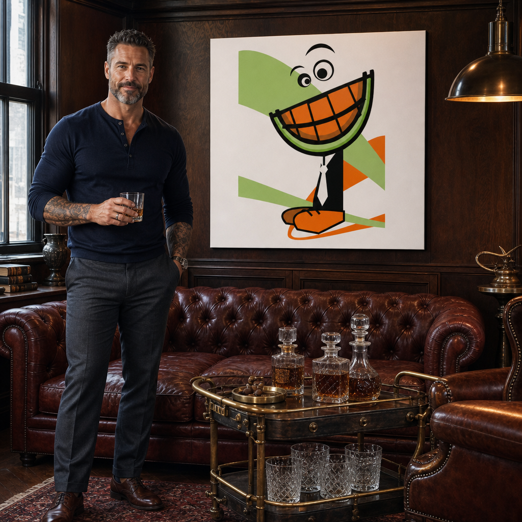 Ručne maľovaný POP Art obraz MELON – obraz v modernom mužskom interiéri, lifestyle vizualizácia. Dominantné farby: oranžová, zelená, čierna, biela, hnedá.