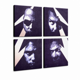 Ručne maľovaný POP Art obraz METALLICA – 3D vizualizácia ručne maľovaného plátna na bielom pozadí. Dominantné farby: fialová, modrá, čierna, béžová, biela.