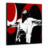 Ručne maľovaný POP Art obraz Michael Jackson – 3D vizualizácia ručne maľovaného plátna na bielom pozadí. Dominantné farby: čierna, červená, biela.
