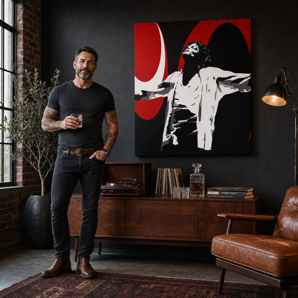 Ručne maľovaný POP Art obraz Michael Jackson – obraz v modernom mužskom interiéri, lifestyle vizualizácia. Dominantné farby: čierna, červená, biela.