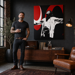 Ručne maľovaný POP Art obraz Michael Jackson – obraz v modernom mužskom interiéri, lifestyle vizualizácia. Dominantné farby: čierna, červená, biela.