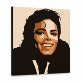 Ručne maľovaný POP Art obraz Michael Jackson – 3D vizualizácia ručne maľovaného plátna na bielom pozadí. Dominantné farby: hnedá, oranžová, čierna, béžová.
