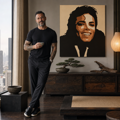 Ručne maľovaný POP Art obraz Michael Jackson – obraz v modernom mužskom interiéri, lifestyle vizualizácia. Dominantné farby: hnedá, oranžová, čierna, béžová.