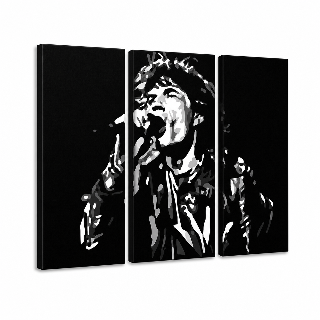 Ručne maľovaný POP Art obraz Mick Jagger – 3D vizualizácia ručne maľovaného plátna na bielom pozadí. Dominantné farby: čierna, biela, šedá.