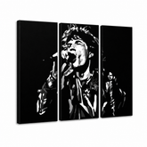 Ručne maľovaný POP Art obraz Mick Jagger – 3D vizualizácia ručne maľovaného plátna na bielom pozadí. Dominantné farby: čierna, biela, šedá.