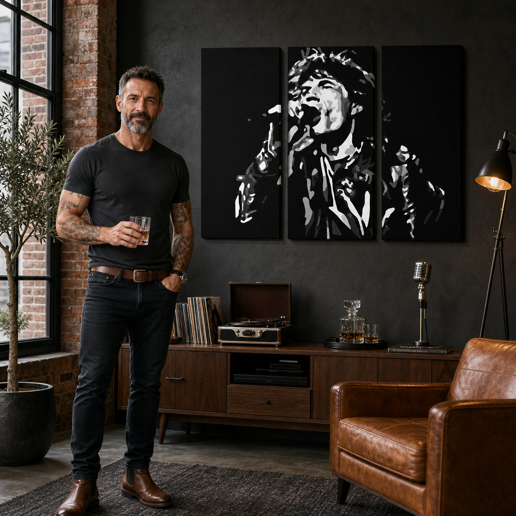 Ručne maľovaný POP Art obraz Mick Jagger – obraz v modernom mužskom interiéri, lifestyle vizualizácia. Dominantné farby: čierna, biela, šedá.