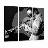 Ručne maľovaný POP Art obraz Miles Davis – 3D vizualizácia ručne maľovaného plátna na bielom pozadí. Dominantné farby: čierna, biela, sivá.