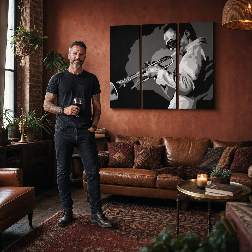 Ručne maľovaný POP Art obraz Miles Davis – obraz v modernom mužskom interiéri, lifestyle vizualizácia. Dominantné farby: čierna, biela, sivá.