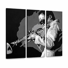 Ručne maľovaný POP Art obraz Miles Davis – 3D vizualizácia ručne maľovaného plátna na bielom pozadí. Dominantné farby: čierna, biela, sivá.