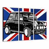 Ručne maľovaný POP Art obraz MINI COOPER – 3D vizualizácia ručne maľovaného plátna na bielom pozadí. Dominantné farby: čierna, modrá, biela.