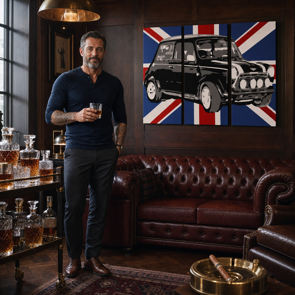 Ručne maľovaný POP Art obraz MINI COOPER – obraz v modernom mužskom interiéri, lifestyle vizualizácia. Dominantné farby: čierna, modrá, biela.