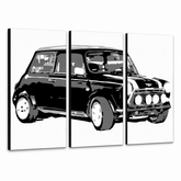 Ručne maľovaný POP Art obraz MINI COOPER – 3D vizualizácia ručne maľovaného plátna na bielom pozadí. Dominantné farby: čierna, biela, sivá.