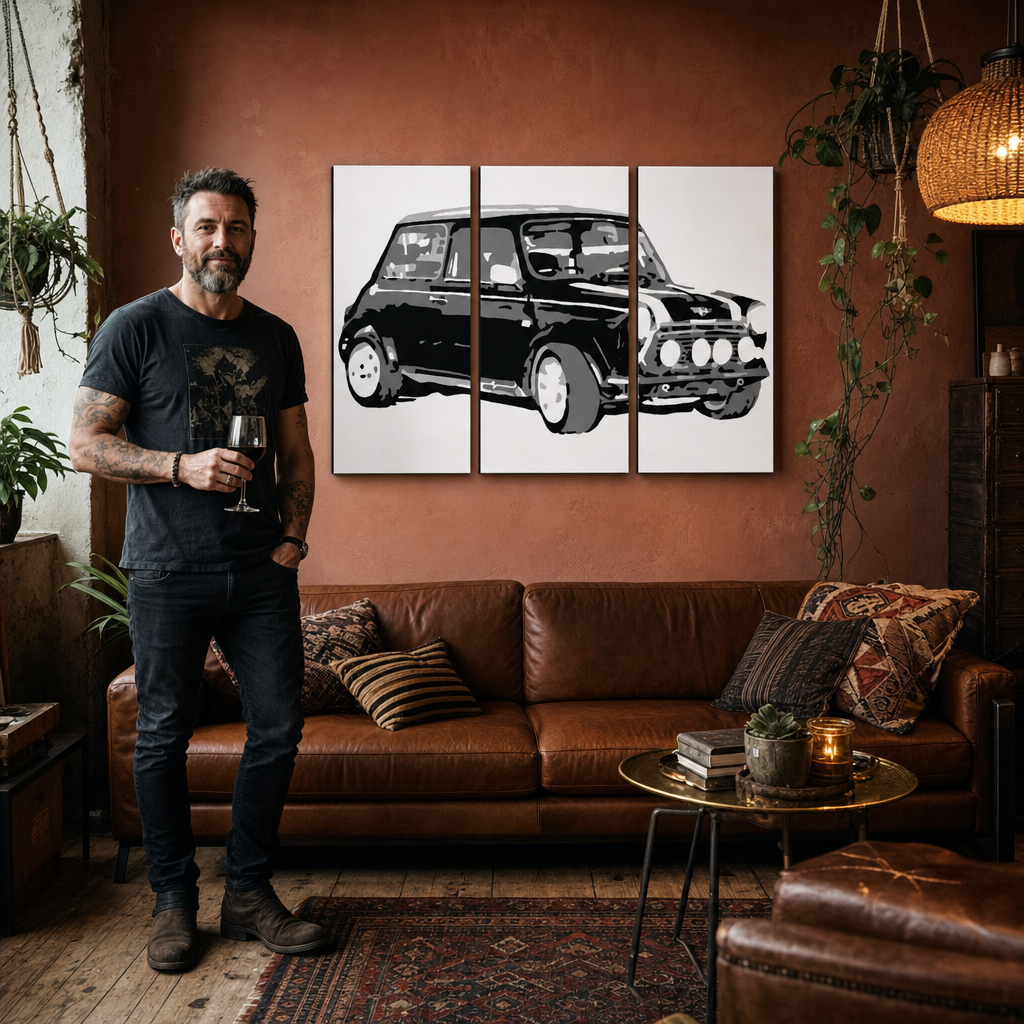 Ručne maľovaný POP Art obraz MINI COOPER – obraz v modernom mužskom interiéri, lifestyle vizualizácia. Dominantné farby: čierna, biela, sivá.