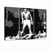 Ručne maľovaný POP Art obraz Muhamad Ali – 3D vizualizácia ručne maľovaného plátna na bielom pozadí. Dominantné farby: čierna, biela, sivá.