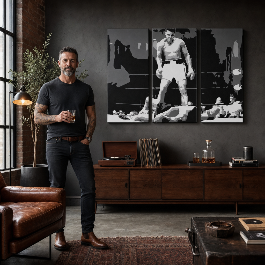 Ručne maľovaný POP Art obraz Muhamad Ali – obraz v modernom mužskom interiéri, lifestyle vizualizácia. Dominantné farby: čierna, biela, sivá.